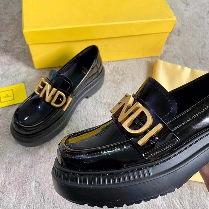 Fendi Women FF Fendigraphy Black Leather Loafers 5 Cm Heel