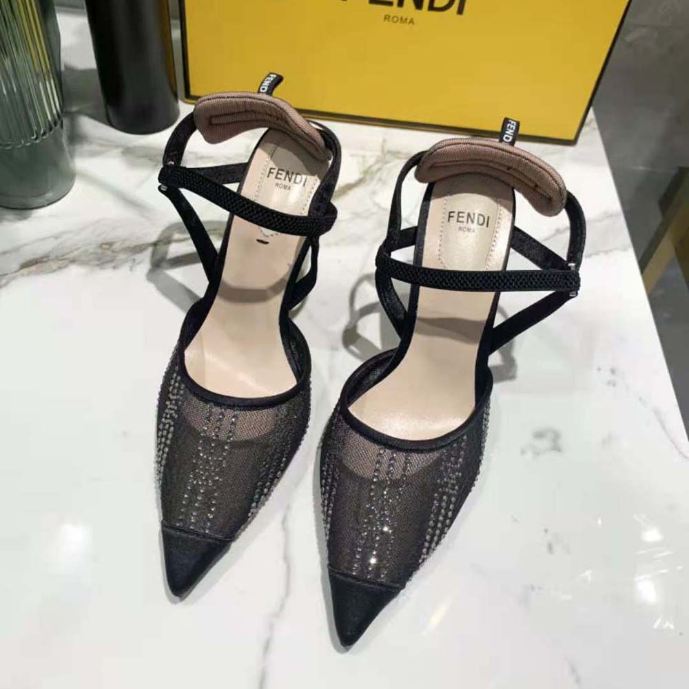 Fendi Women Colibri Black Mesh High-Heeled Slingbacks with Rhinestone Embroidery