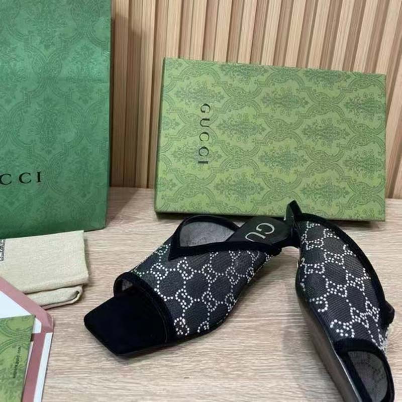 Gucci Women GG Sandal Pump Black Mesh GG Crystals Mid 8 cm Heel