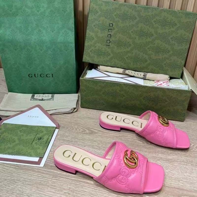 Gucci Women GG Matelassé Slide Sandal Bright Pink Double G Square Toe Flat