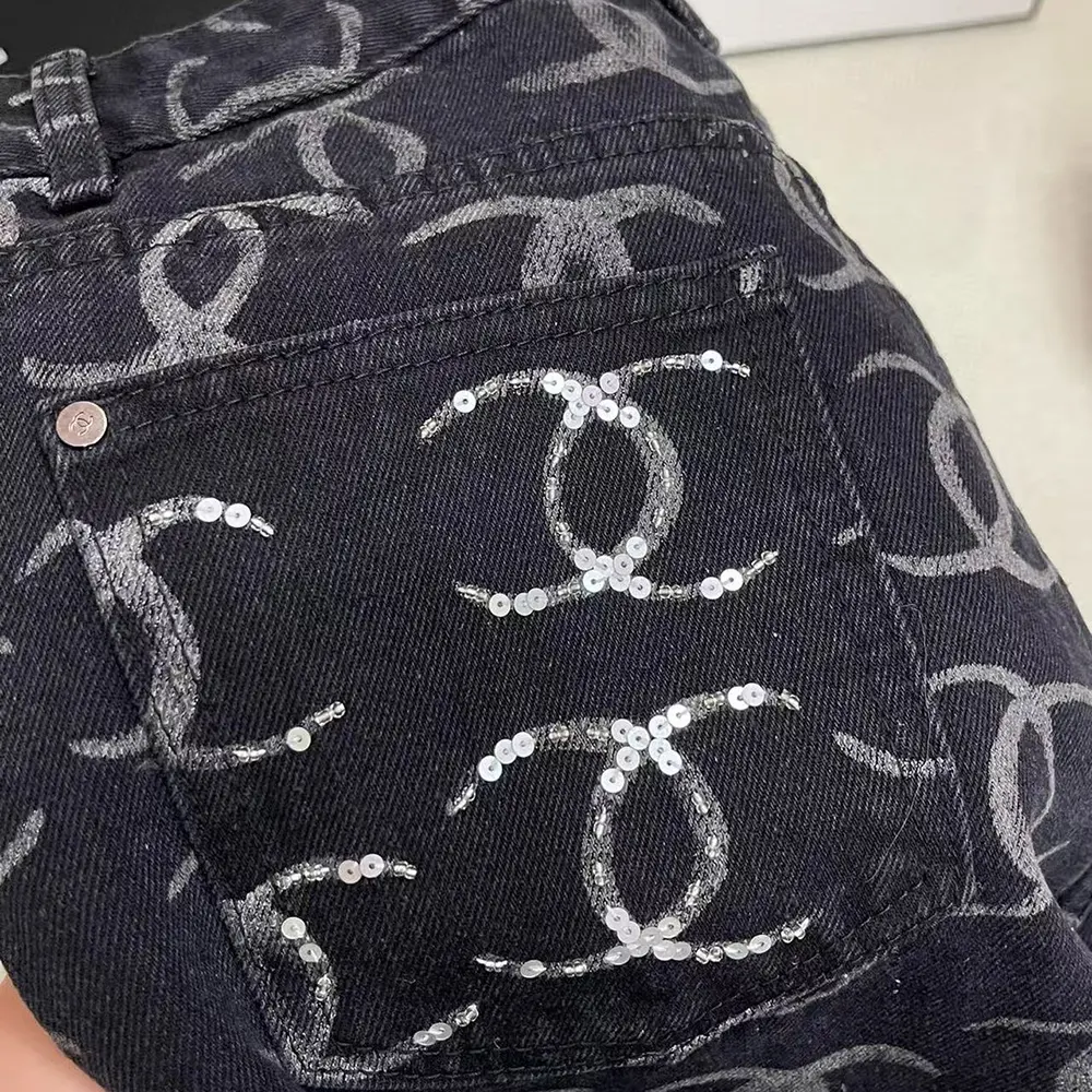 Chanel Women CC Jeans Flared Jeans in Black Washed Denim