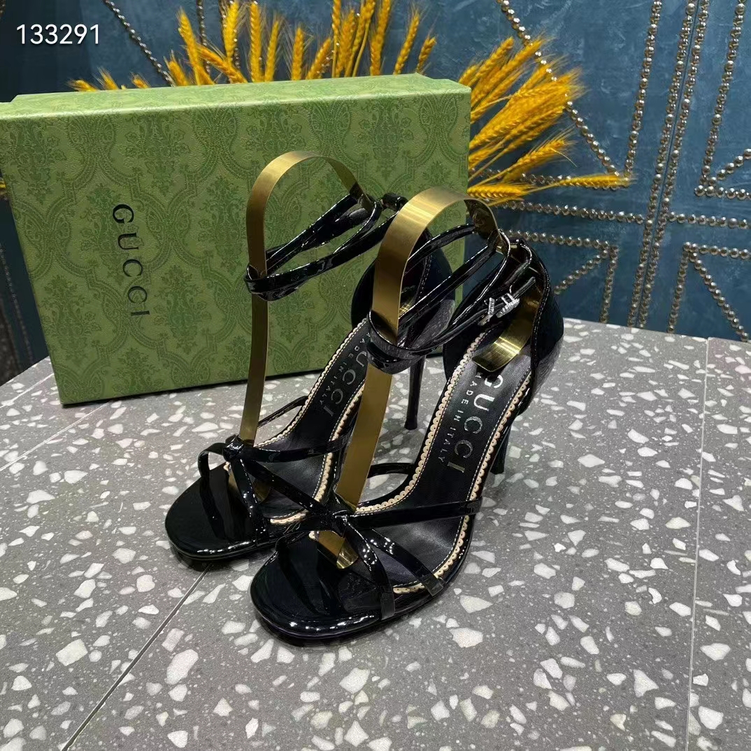Gucci Women GG Strappy Sandal Double G Black Patent Leather Crystal High 11 CM Heel