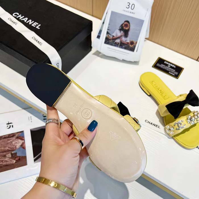 Chanel Women Mules Lambskin Yellow Black 1.5 Cm Heel