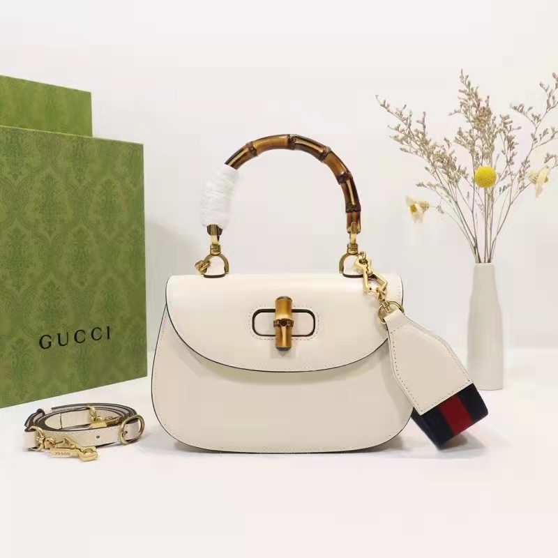 Gucci Women GG Small Top Handle Bag Bamboo White Leather