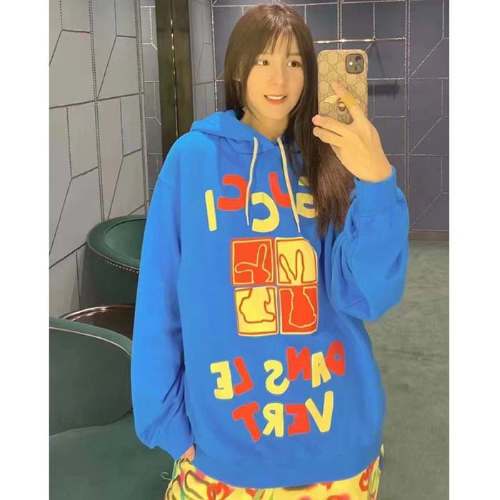 Gucci Women GG Cotton Jersey Sweatshirt Turquoise Felted Cotton Jersey Long Sleeves