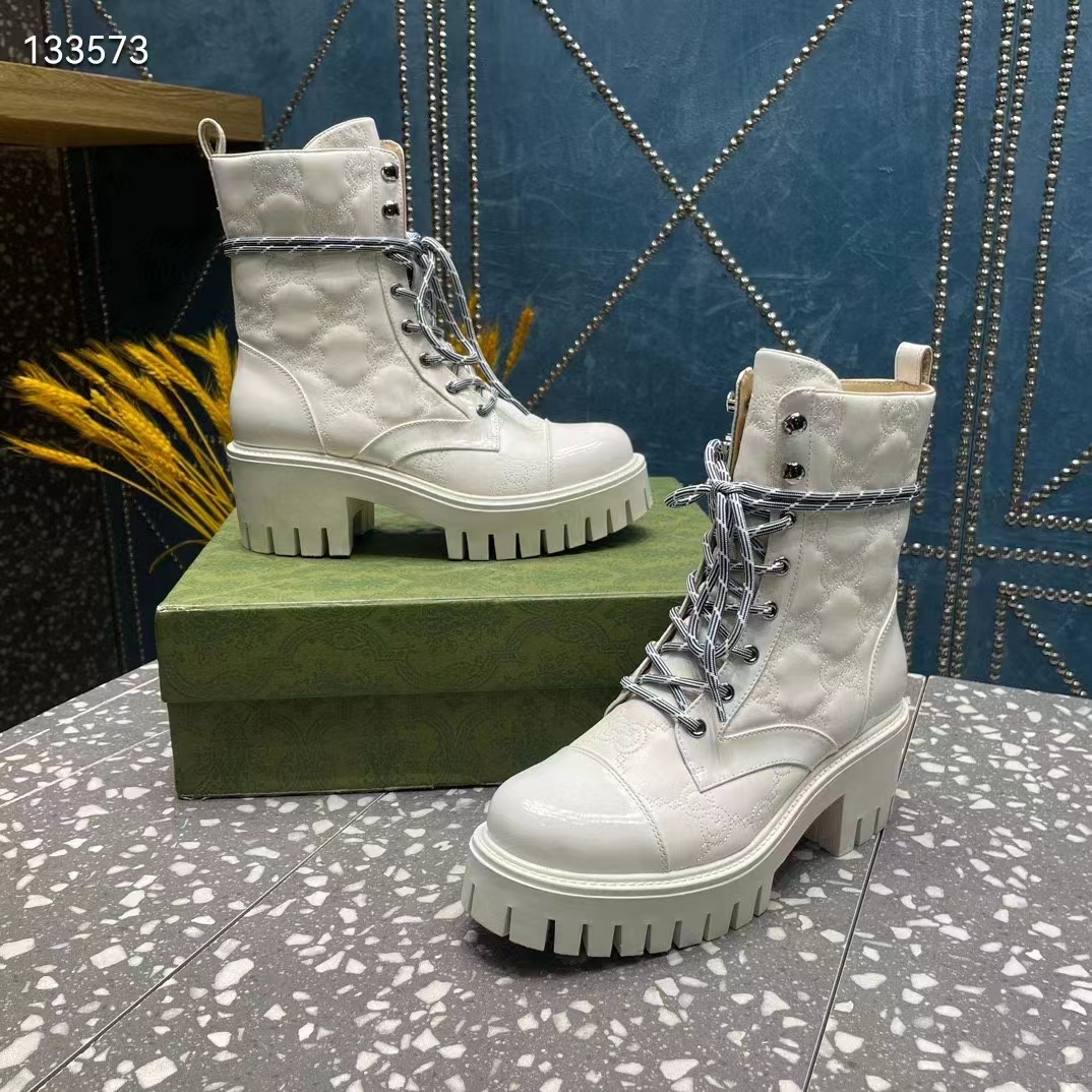Gucci Women’s Matelassé Lace-Up Boot Off White GG Matelassé Leather Low-Heel
