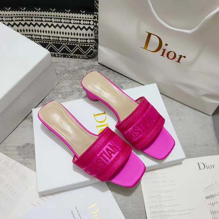 Dior Women Shoes Dway Heeled Slide Rani Pink Embroidered Satin Cotton