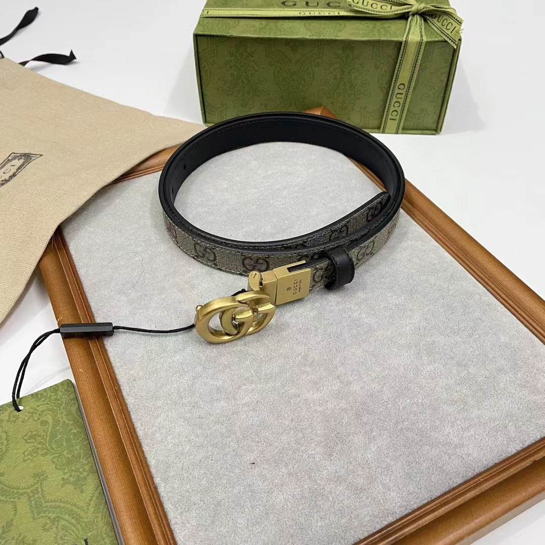 Gucci Unisex Marmont Reversible Thin Belt Black Beige Ebony GG Supreme Canvas