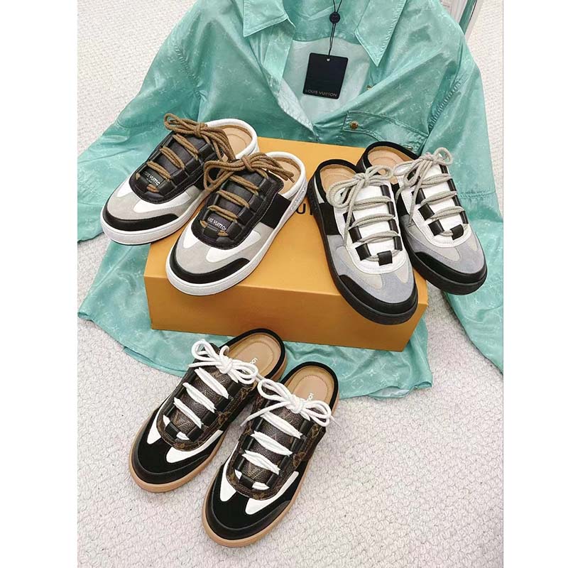 Louis Vuitton Women LV Lous Open-Back Sneaker Black Suede Calf Leather Double Laces