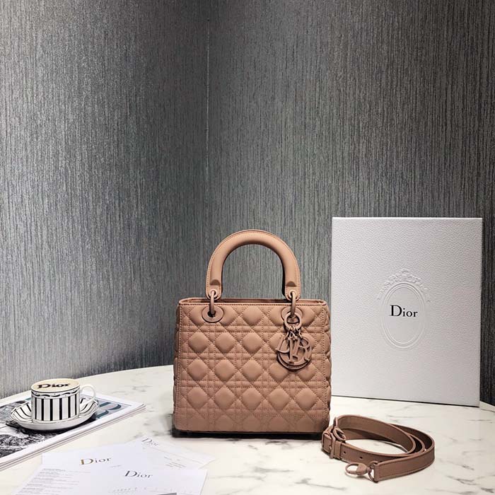 Dior Women CD Medium Lady Dior Bag Warm Taupe Cannage Lambskin