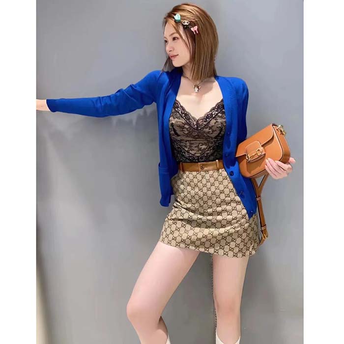 Gucci Women GG Canvas Skirt Camel Ebony Brown Leather Unlined Fitted Waistband Belt Loops