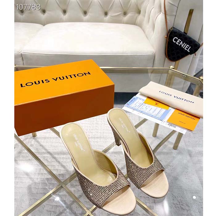 Louis Vuitton LV Women Super Mule Gold Strass Leather Outsole 10 CM Heel