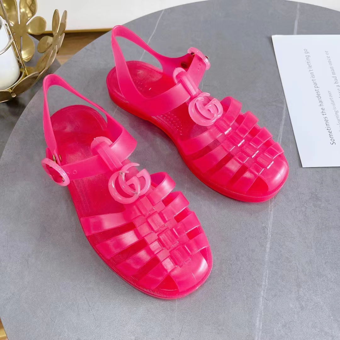 Gucci Unisex GG Sandal Double G Pink Transparent Rubber Sole Ankle Buckle Flat