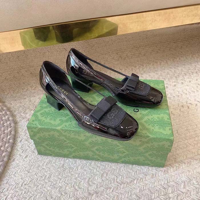 Gucci Women Pump GG Canvas Black Patent Leather Bow Leather Sole Cut-Out Block Heel