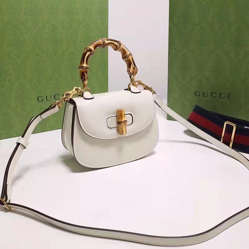 Gucci Women Bamboo 1947 Mini Top Handle Bag White Leather Bamboo Hardware