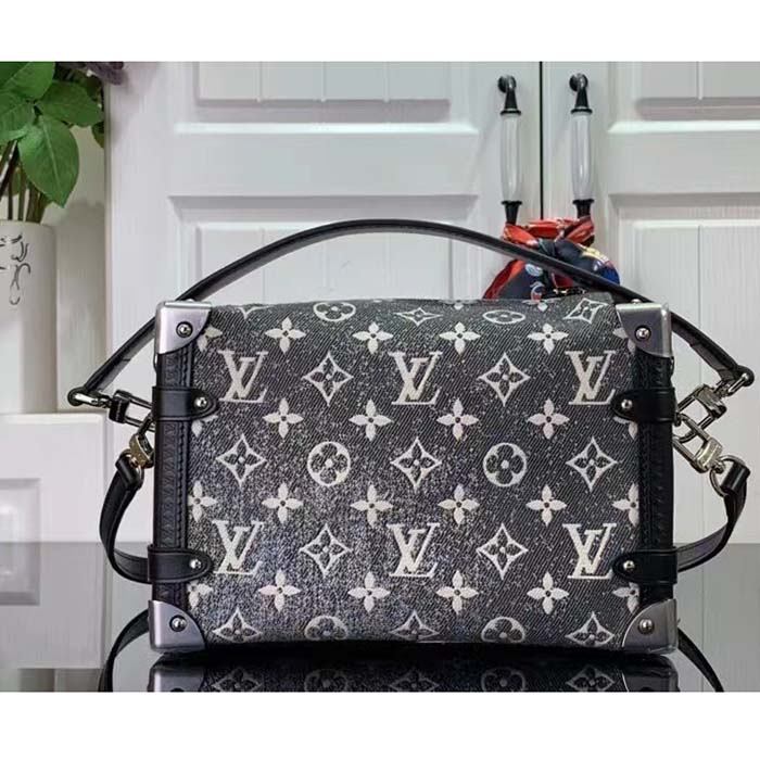 Louis Vuitton LV Women Side Trunk Handbag Gray Denim Textile Jacquard
