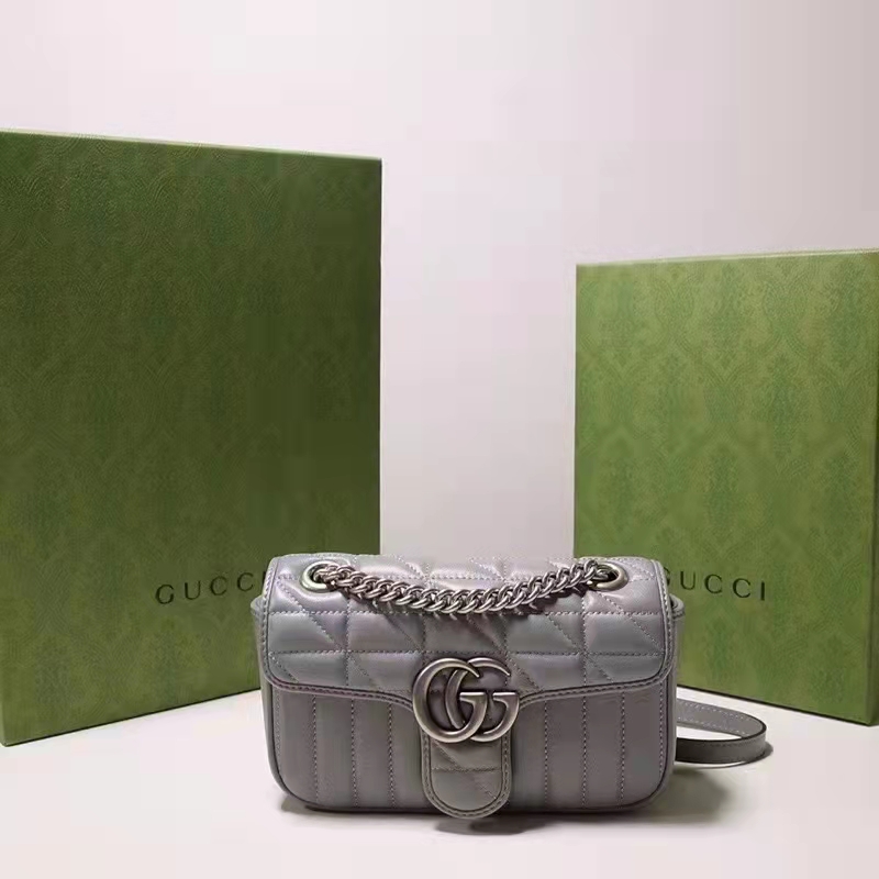 Gucci Women GG Marmont Small Shoulder Bag Grey Matelassé Leather Double G