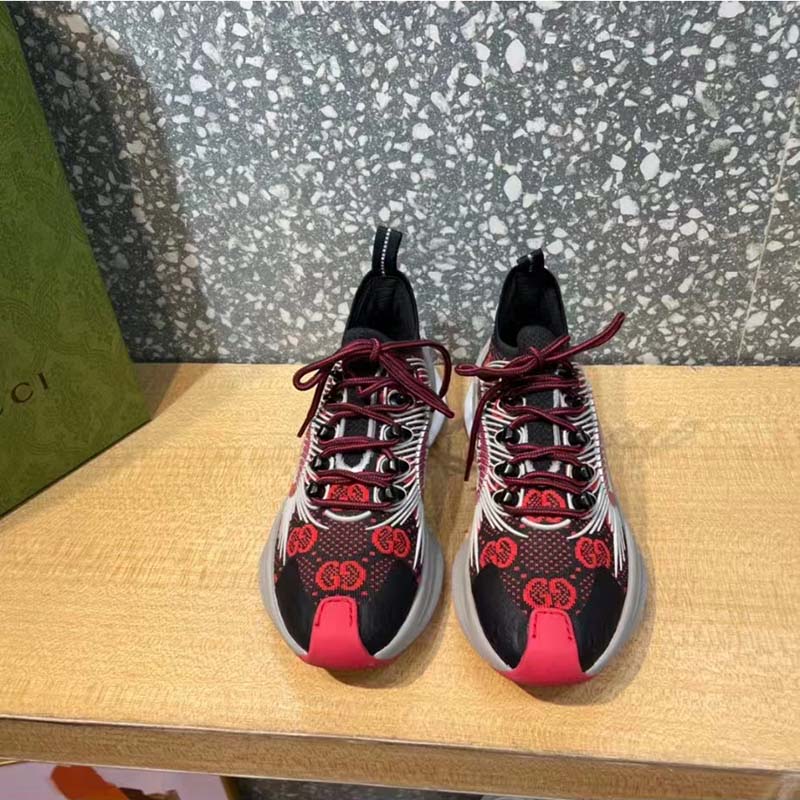 Gucci Unisex Run Sneaker Black Red GG Technical Knit Fabric Interlocking G Rubber