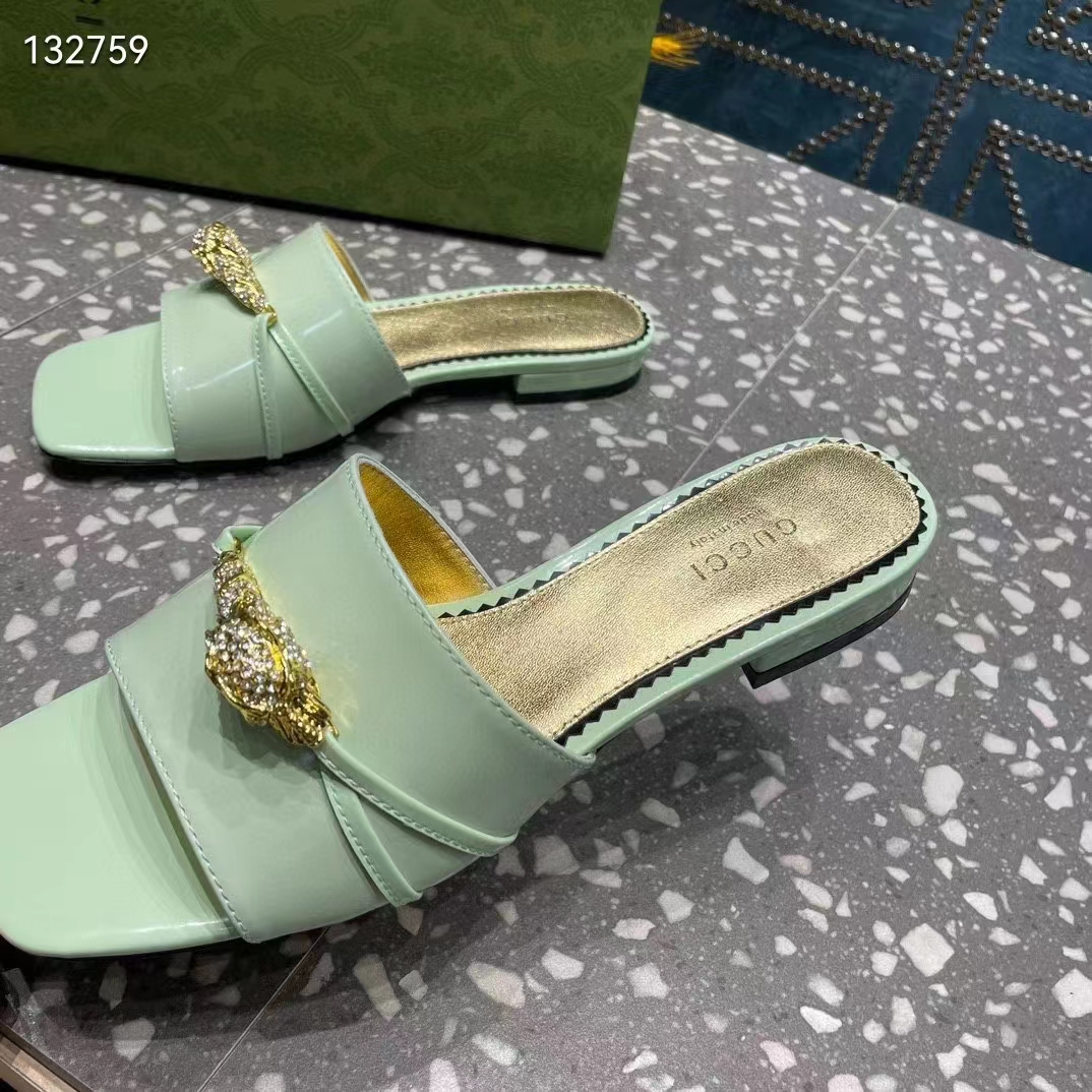 Gucci Women GG Slide Sandal Tiger Head Light Green Leather Flat