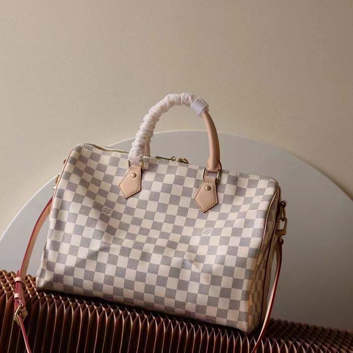 Louis Vuitton LV Unisex Speedy 30 Damier Azur Coated Canvas Natural Cowhide Leather