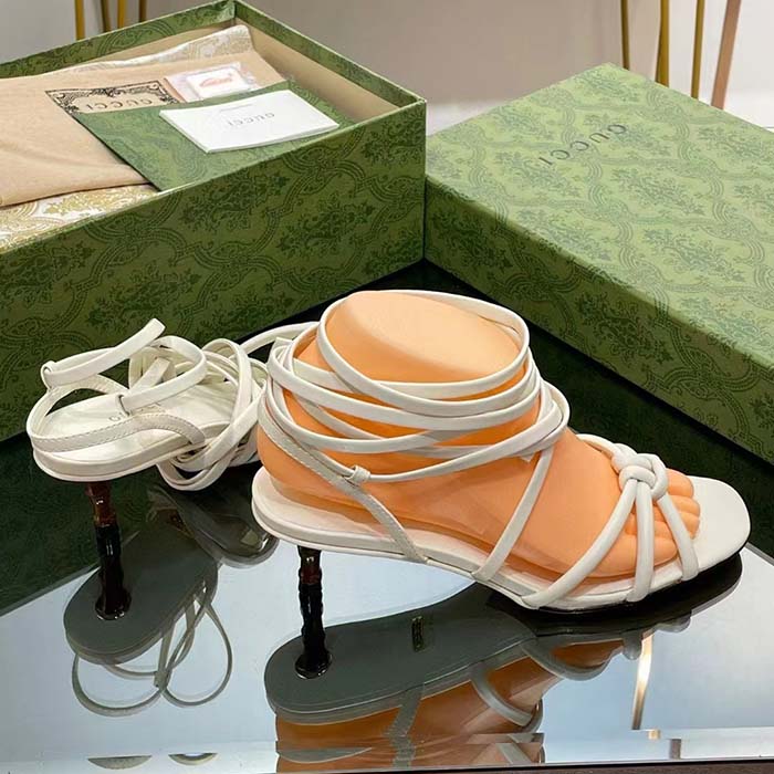 Gucci Women GG Strappy Sandal Bamboo White Leather Bamboo Low Heel
