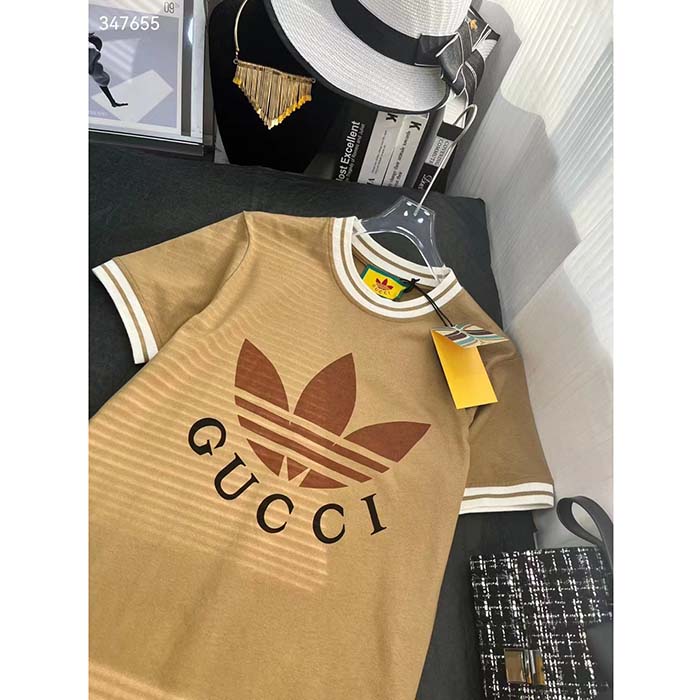 Gucci Men GG Adidas x Gucci Cotton T-Shirt Camel Jersey Trefoil Print Crewneck