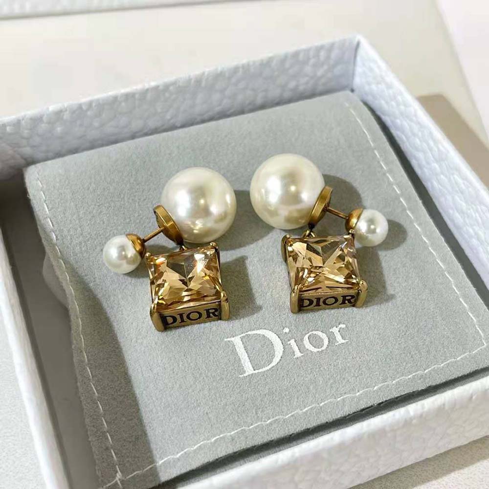 Dior Women Tribales Earrings Antique Gold-Finish Metal with White Resin Pearls and Citrine