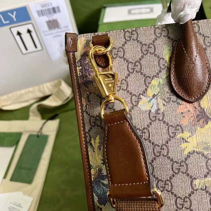 Gucci Unisex Medium Tote Carnation Print Beige Ebony GG Supreme Canvas