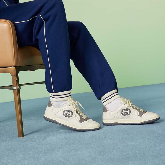 Gucci Unisex GG MAC80 Sneaker Off White Grey Leather Round Toe Rubber Flat