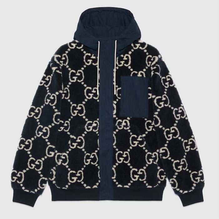 Gucci Women GG Fuzzy Fabric Jacquard Jacket Fixed Hood Drawstring Long Sleeves Front Patch Pocket