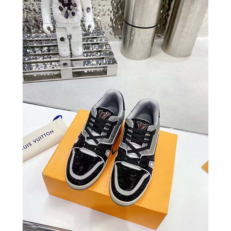 Louis Vuitton LV Unisex Trainer Sneaker Black Strass Rubber Outsole 54 Initials Signature
