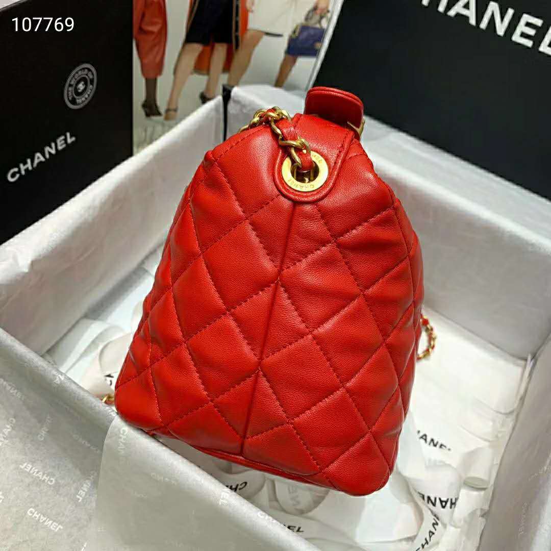 Chanel Women Hobo Bag in Lambskin Leather Gold Metal-Red