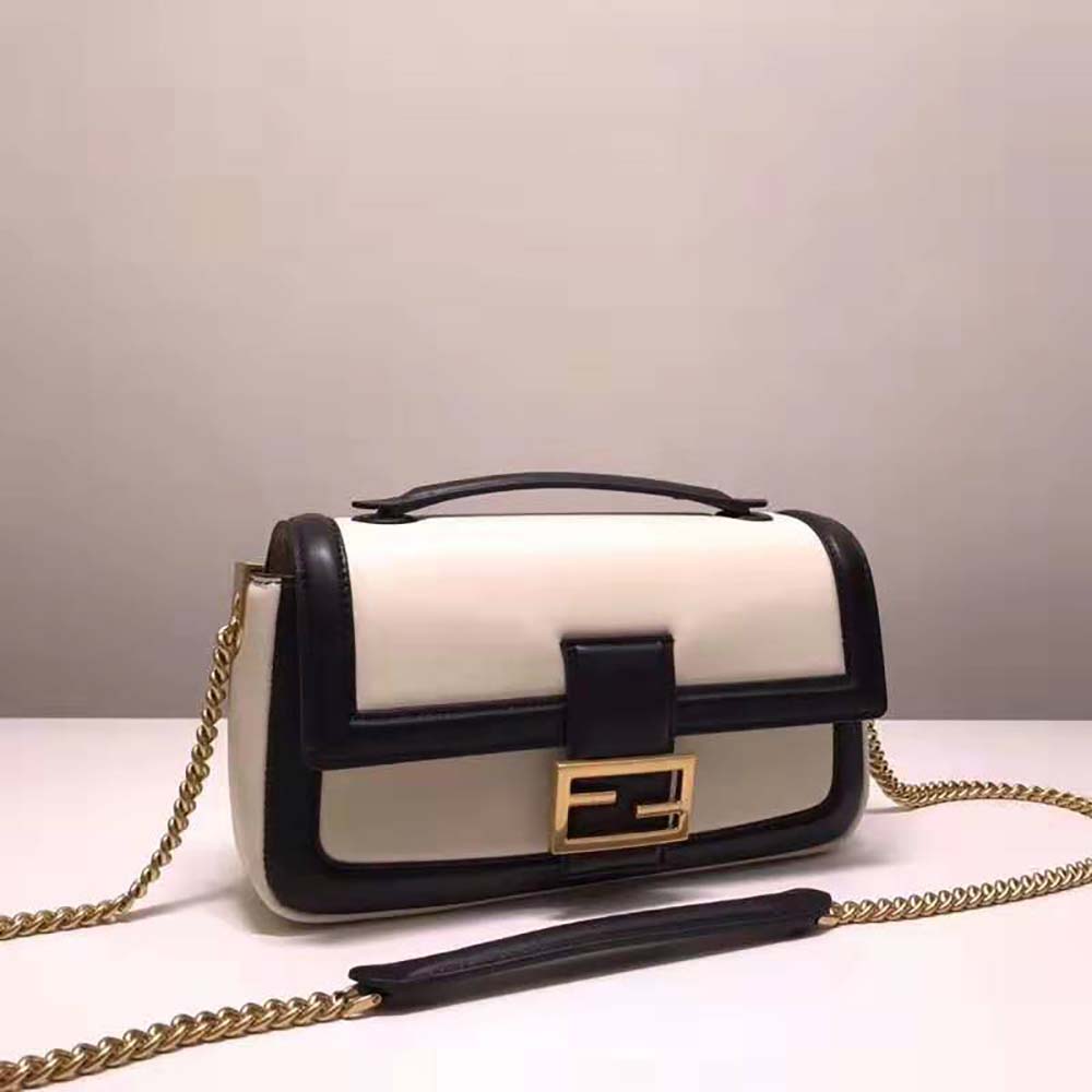 Fendi Women Baguette Chain Black and White Nappa Leather Bag