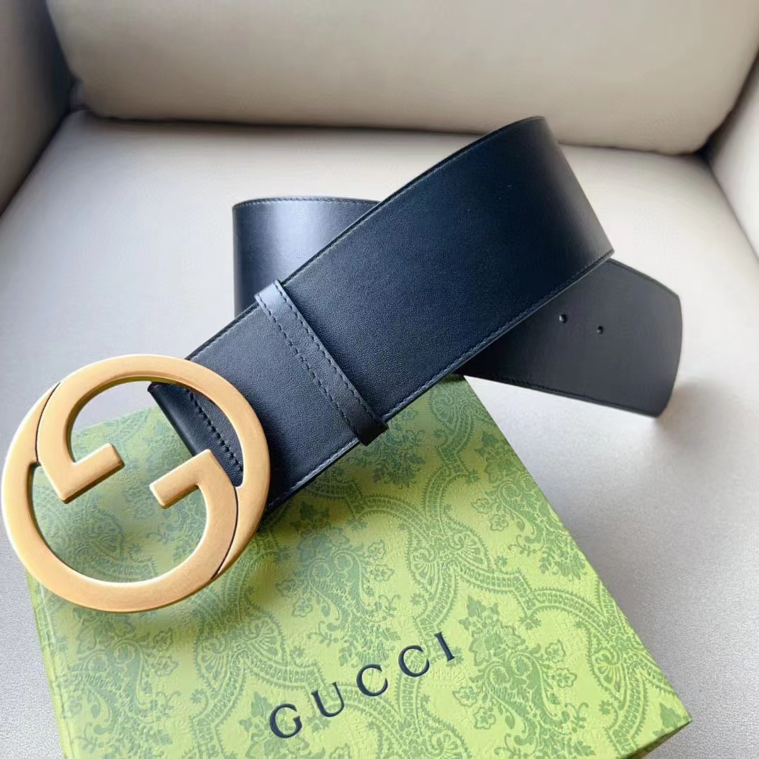 Gucci Unisex GG Blondie Wide Belt Black Leather Round Interlocking G 5 CM Width