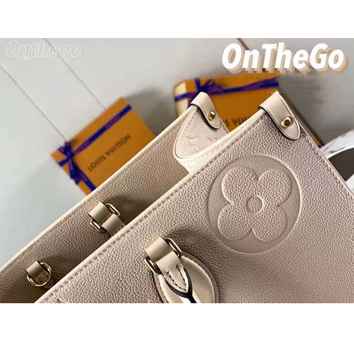 Louis Vuitton Women Onthego MM Tote Bag Crème Beige Embossed Grained Cowhide Leather