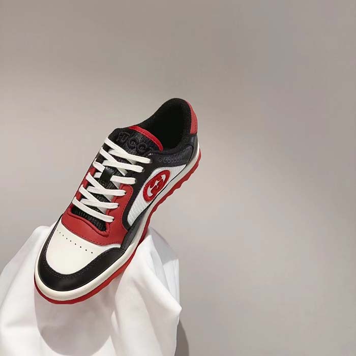 Gucci GG Unisex MAC80 Sneaker Black Red Leather White Fabric Interlocking G Embroidery Round Toe Rubber