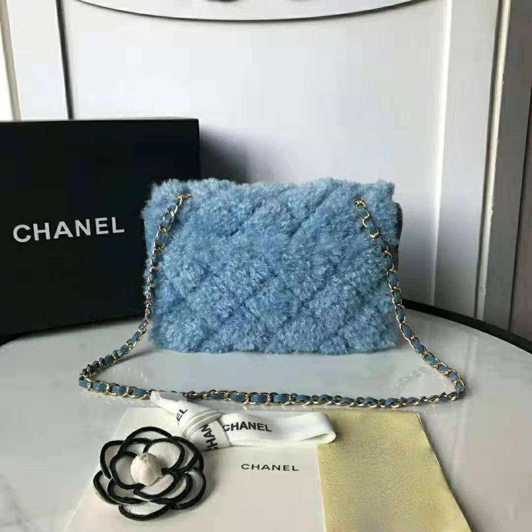 Chanel Women Flap Bag in Shearling Lambskin Leather-Blue