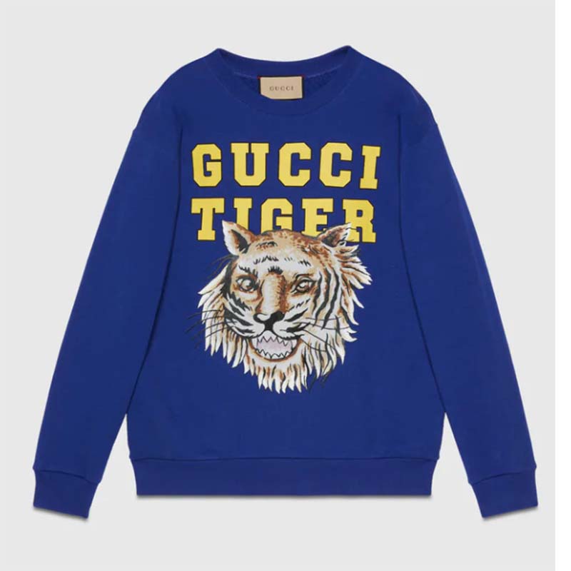 Gucci Women GG Tiger Cotton Sweatshirt Blue Felted Jersey Crewneck