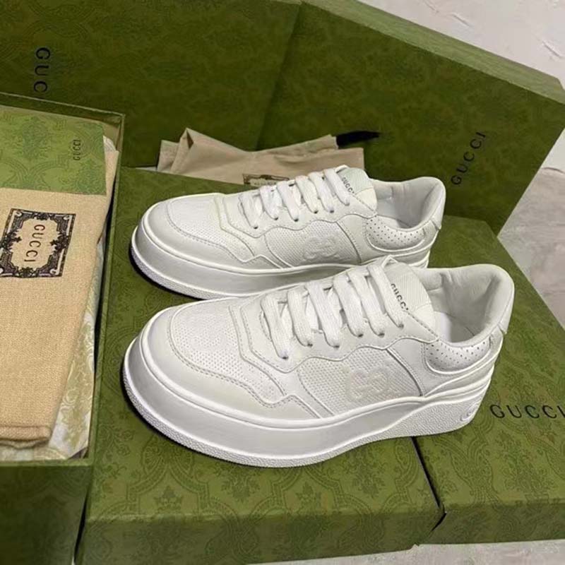 Gucci Unisex GG Embossed Sneaker White Smooth Leather Lace Up Flat