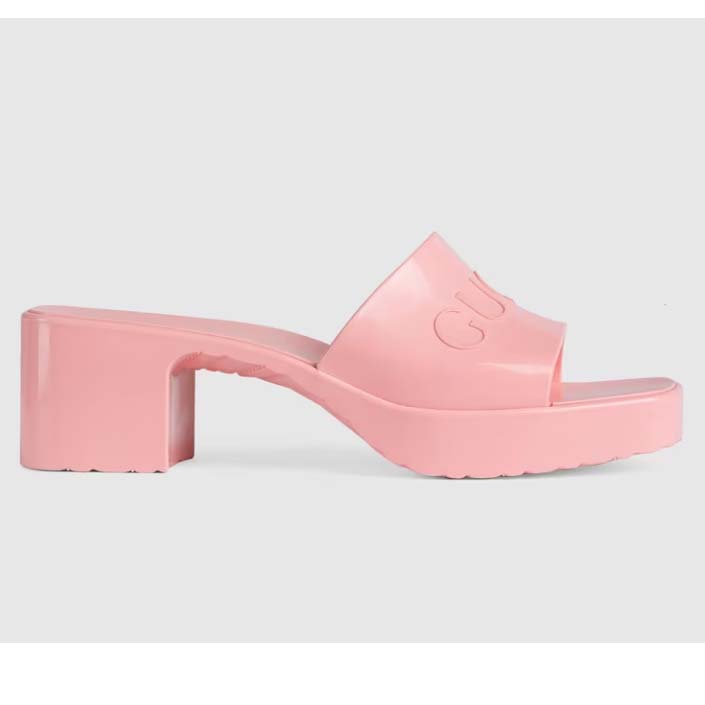 Gucci Women GG Rubber Slide Sandal Pastel Pink 6 Cm Heel