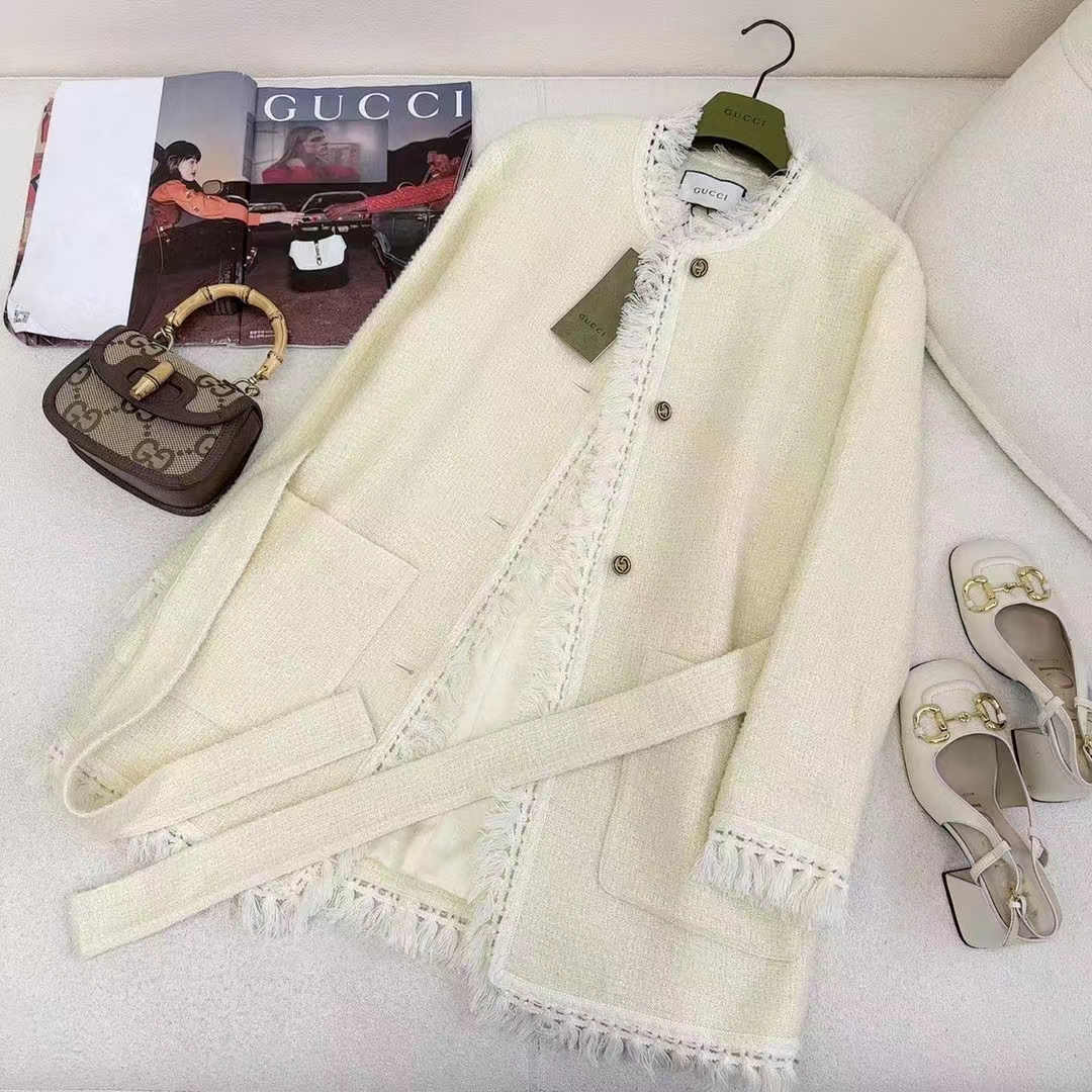 Gucci Women GG Belted Wool Bouclé Jacket White Ribbon Lined Detachable Patch Pockets