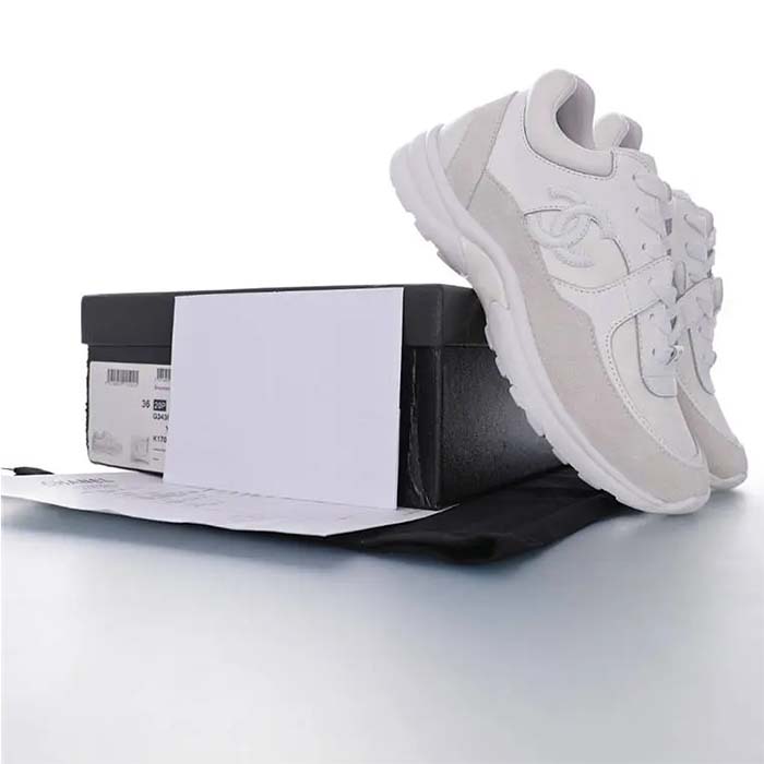 Chanel Women CC Low Top Sneakers Calfskin Suede Triple White