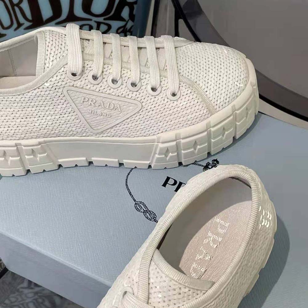 Prada Women Double Wheel Sequin Sneakers-White