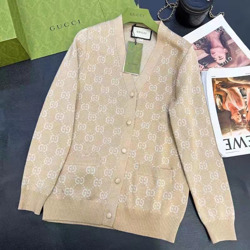 Gucci Women Lamé GG Jacquard Cardigan Camel Beige Fine Cotton