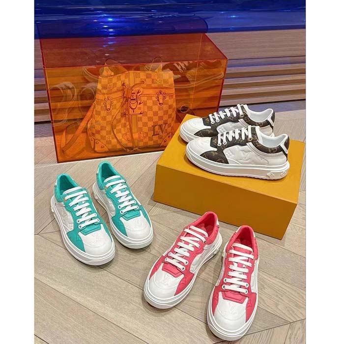 Louis Vuitton Unisex LV Time Out Sneaker White Calf Leather Patent Monogram Canvas