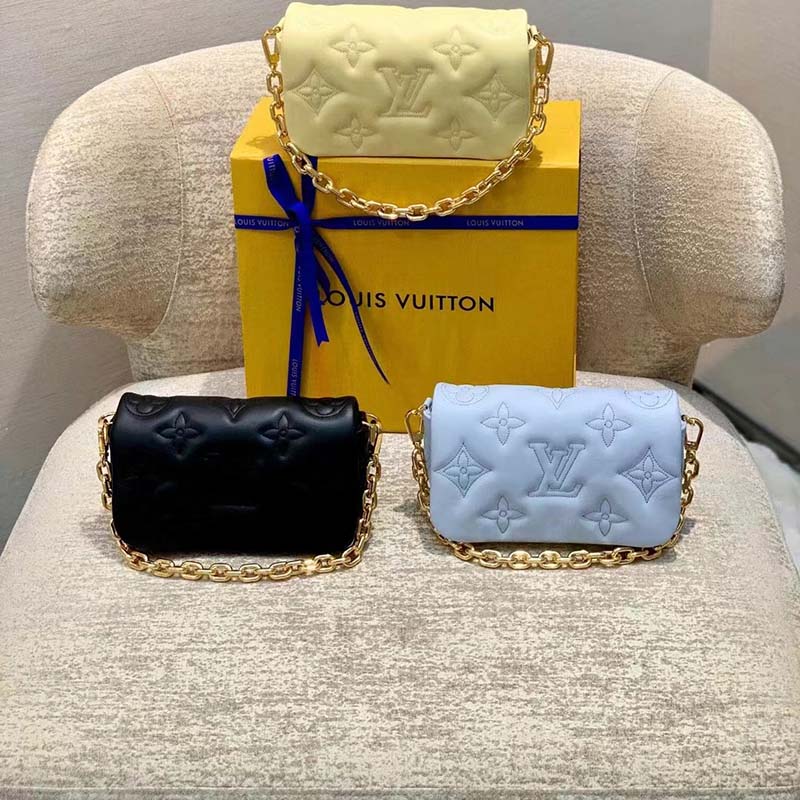 Louis Vuitton LV Women Wallet On Strap Bubblegram Blue Monogram Embroidered Quilted Calf