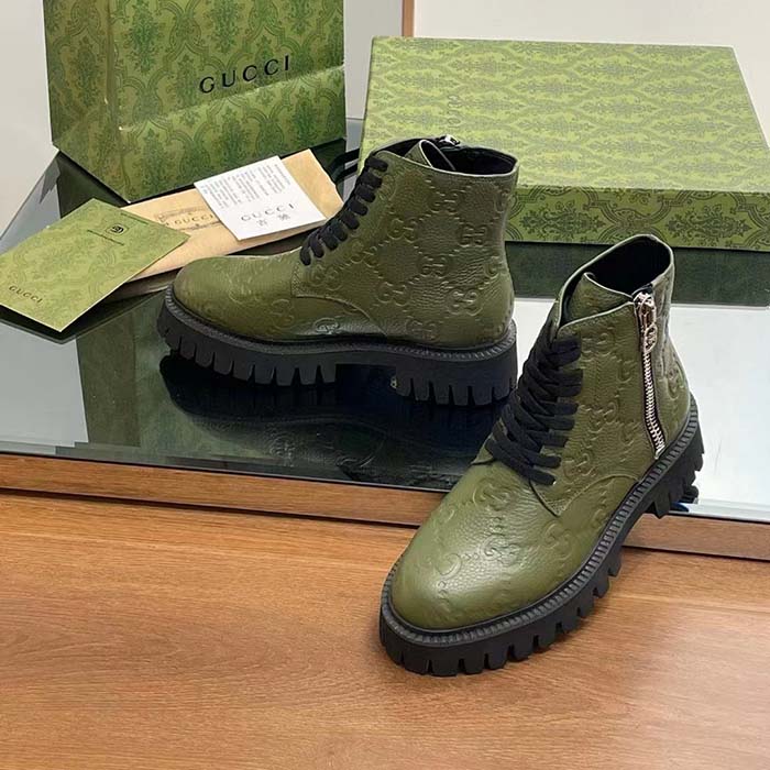 Gucci Unisex GG Leather Boot Dark Green Rubber Lug Sole Lace-Up Interlocking G Low-Heel