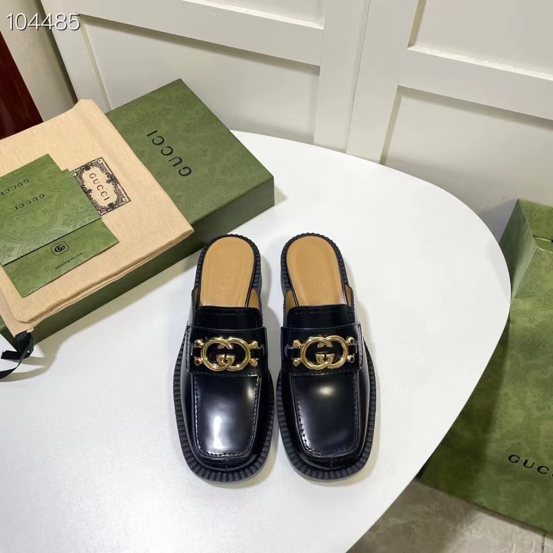 Gucci Women GG Slipper Interlocking G Black Leather Low 2.5 Cm Heel