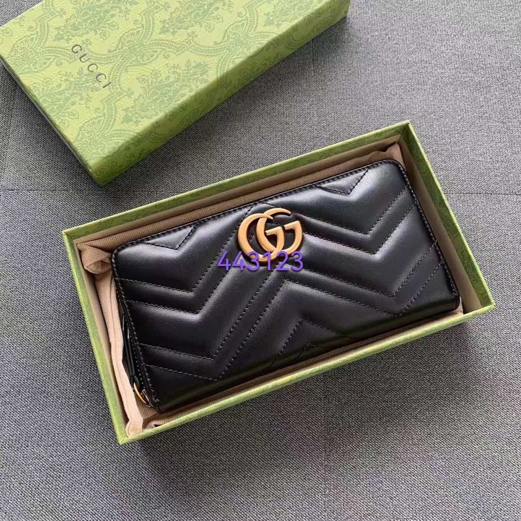 Gucci Unisex GG Marmont Zip Around Wallet Black Matelassé Chevron Leather Double G
