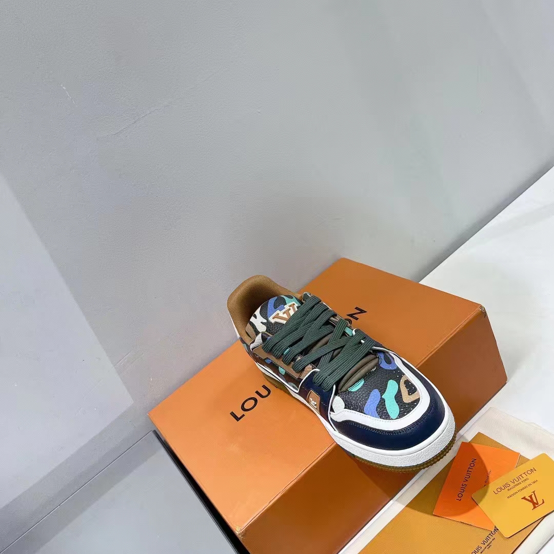 Louis Vuitton Unisex LV x YK LV Trainer Sneaker Khaki Green Camouflage-Printed Canvas Grained Calf